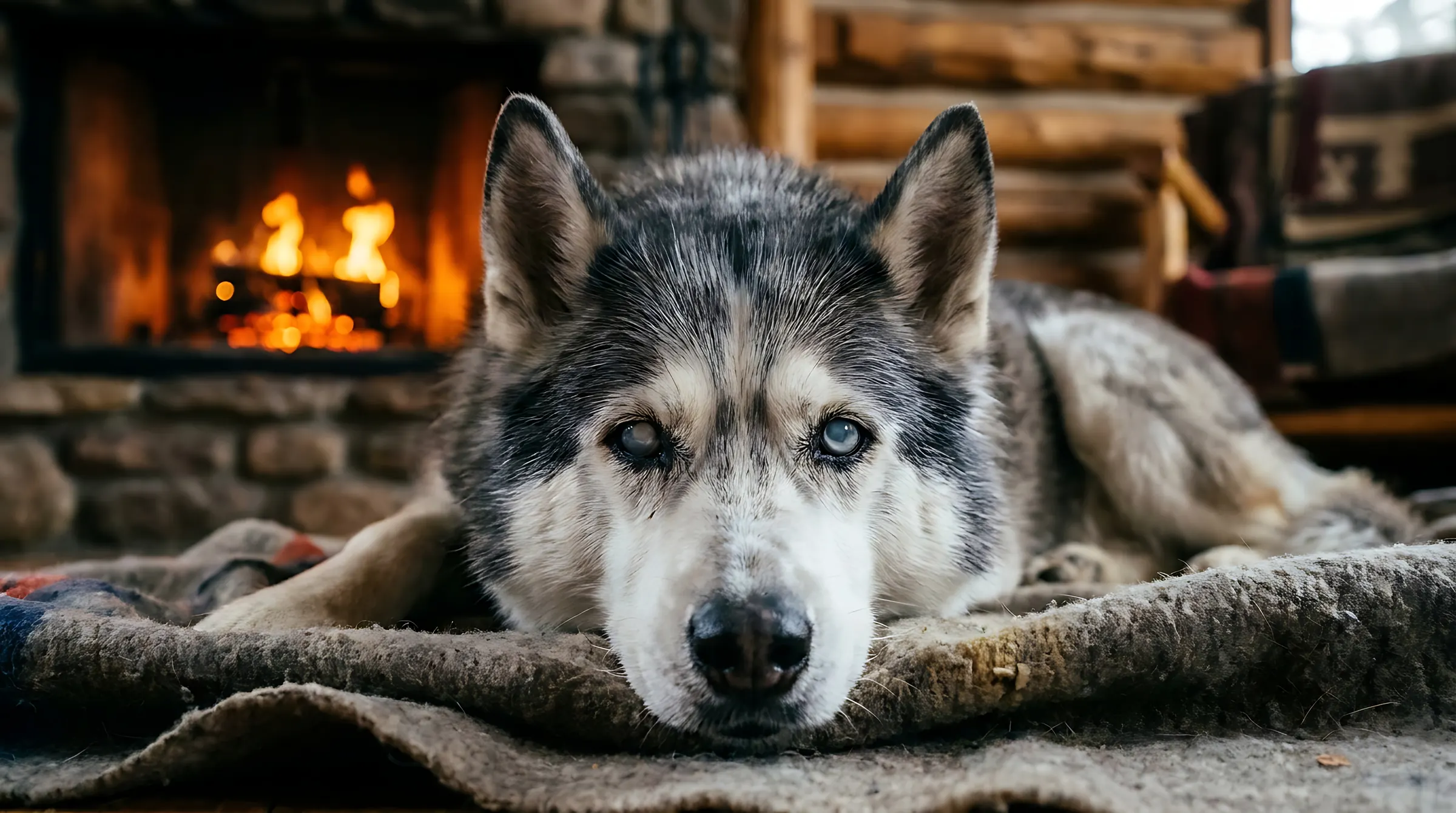 Husky couché sur une couverture devant un feu de foyer